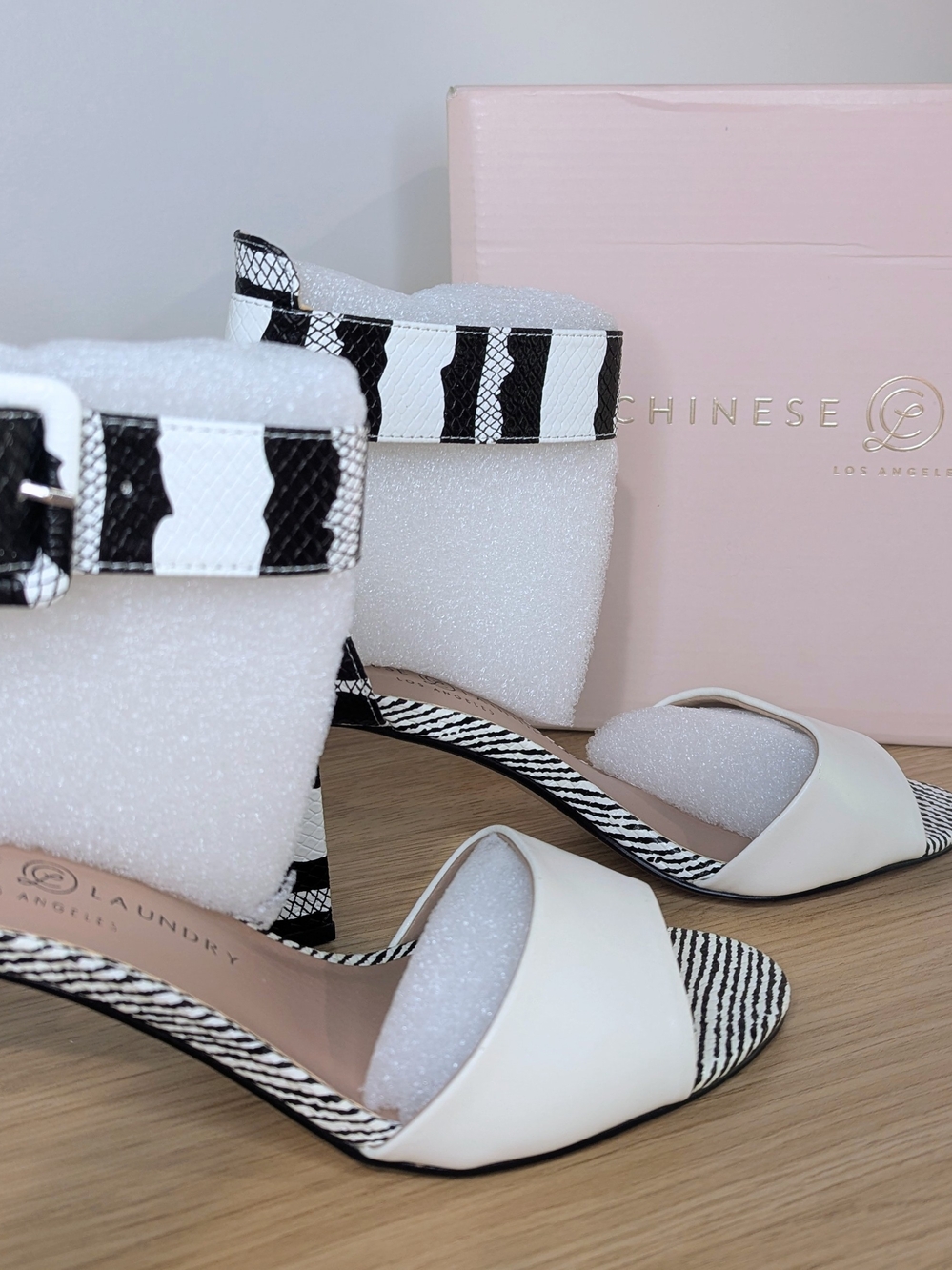 Chinese Laundry White and Black Striped Ankle Strap Sandals